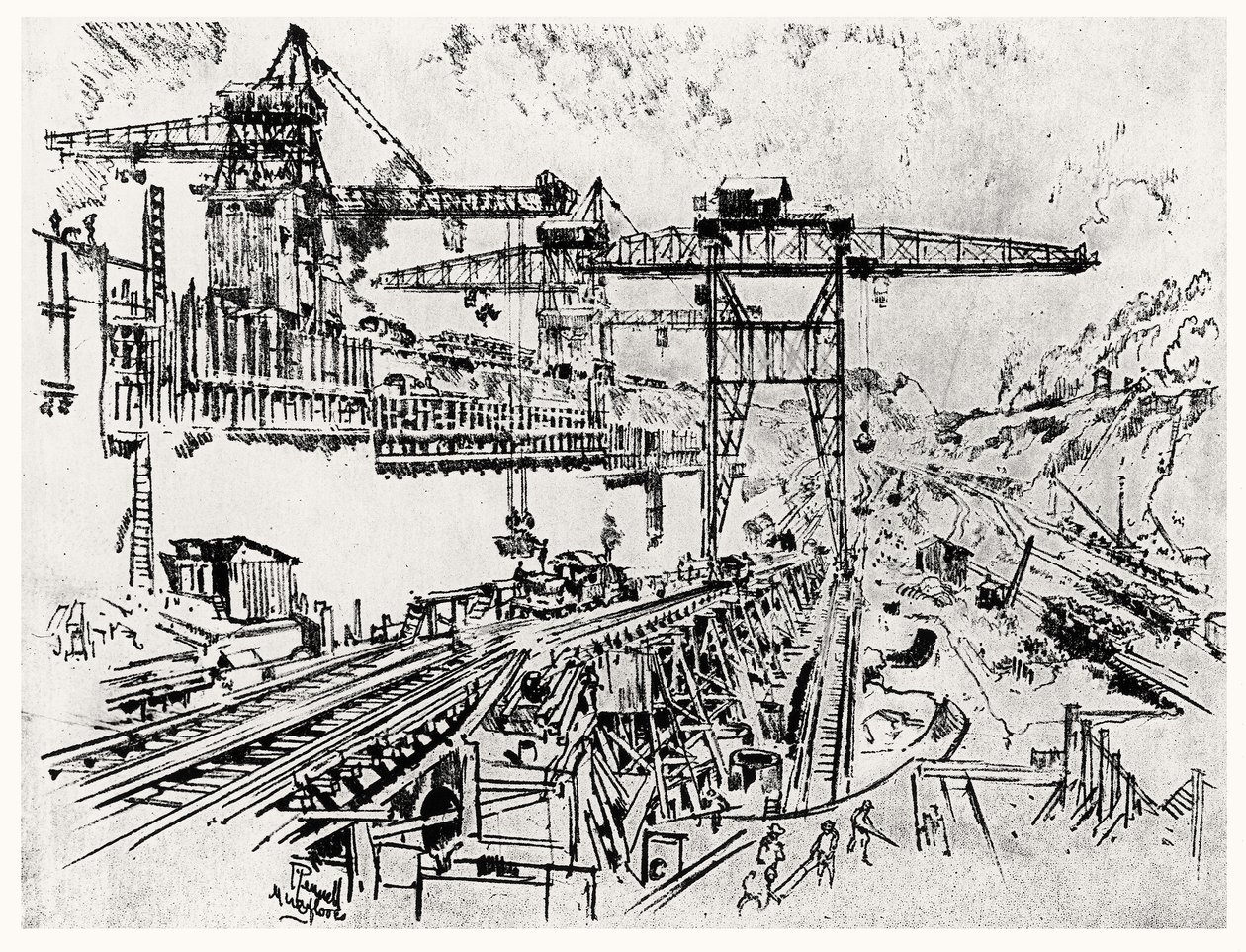The Walls of Miraflores Lock, plate XXIII from The Panama Canal by Joseph Pennell by Joseph Pennell