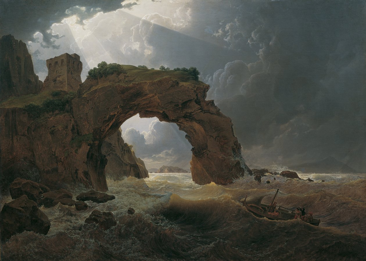 Sea Storm at the Arco di Miseno near Miliscola with a View towards Nisida by Joseph Rebell
