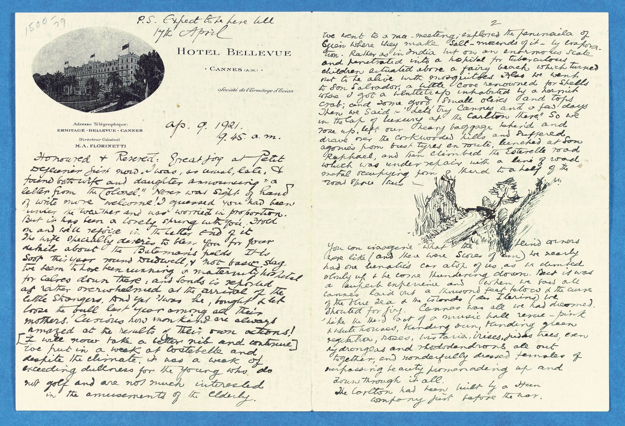Autograph letter to Col. H. W. Feilden, Hotel Bellvue Cannes, 9th April by Joseph Rudyard Kipling