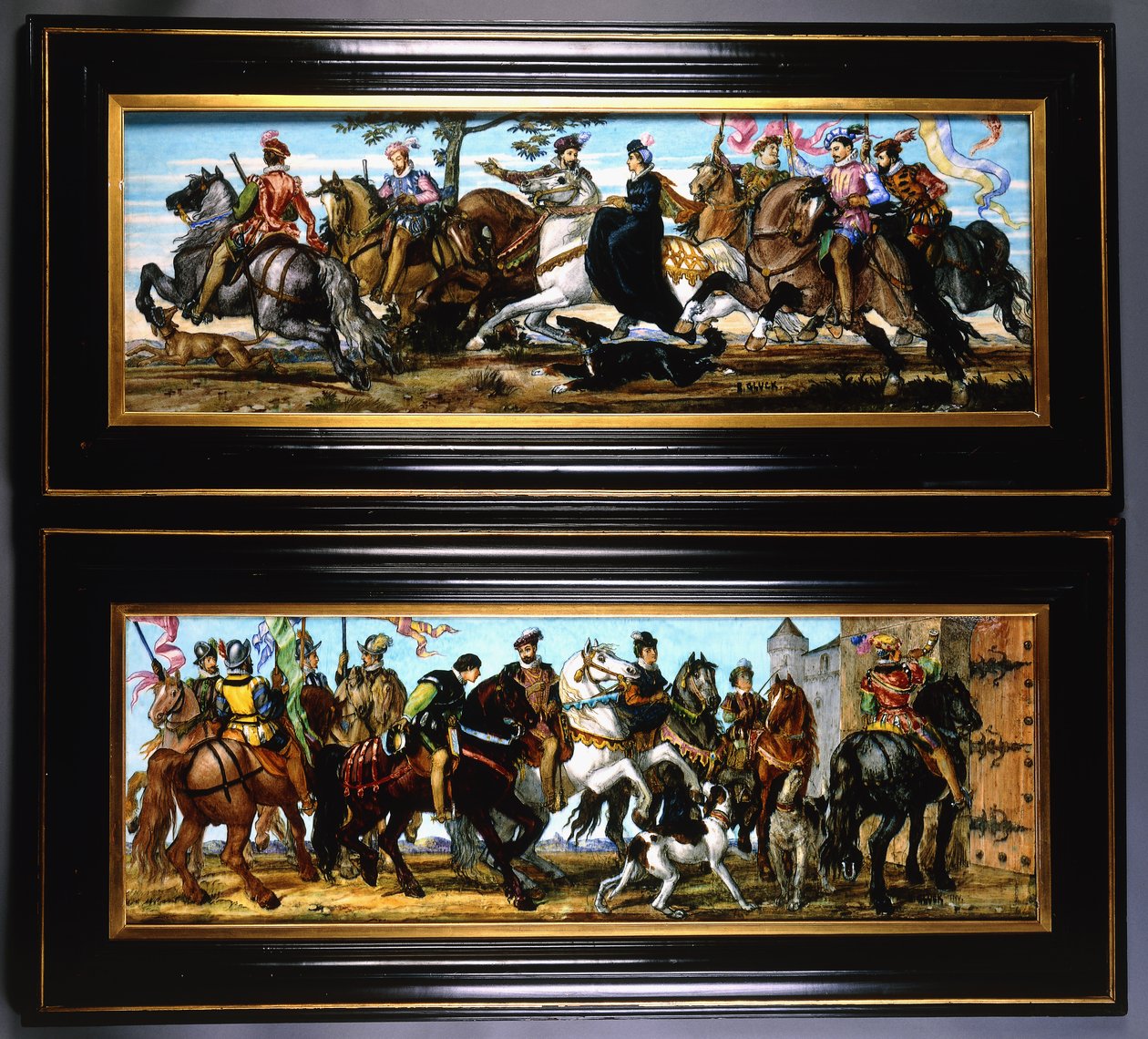 A pair of pottery wall plaques depicting medieval scenes of huntsmen with hounds by Joseph Theodore Deck