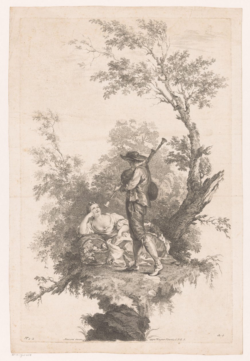 Shepherd Playing Bagpipes for a Young Woman by Joseph Wagner (possibly)