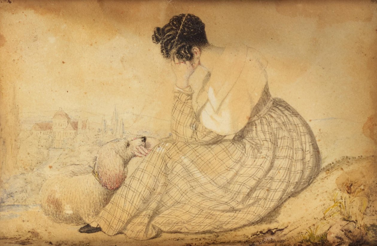 Paperweight with Mourning Woman with Dog and View of Vienna by Joseph Weidner