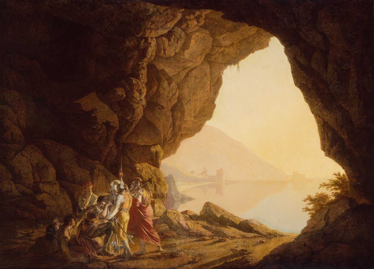 Grotto by the Seaside in the Kingdom of Naples with Bandits, Sunset by Joseph Wright of Derby