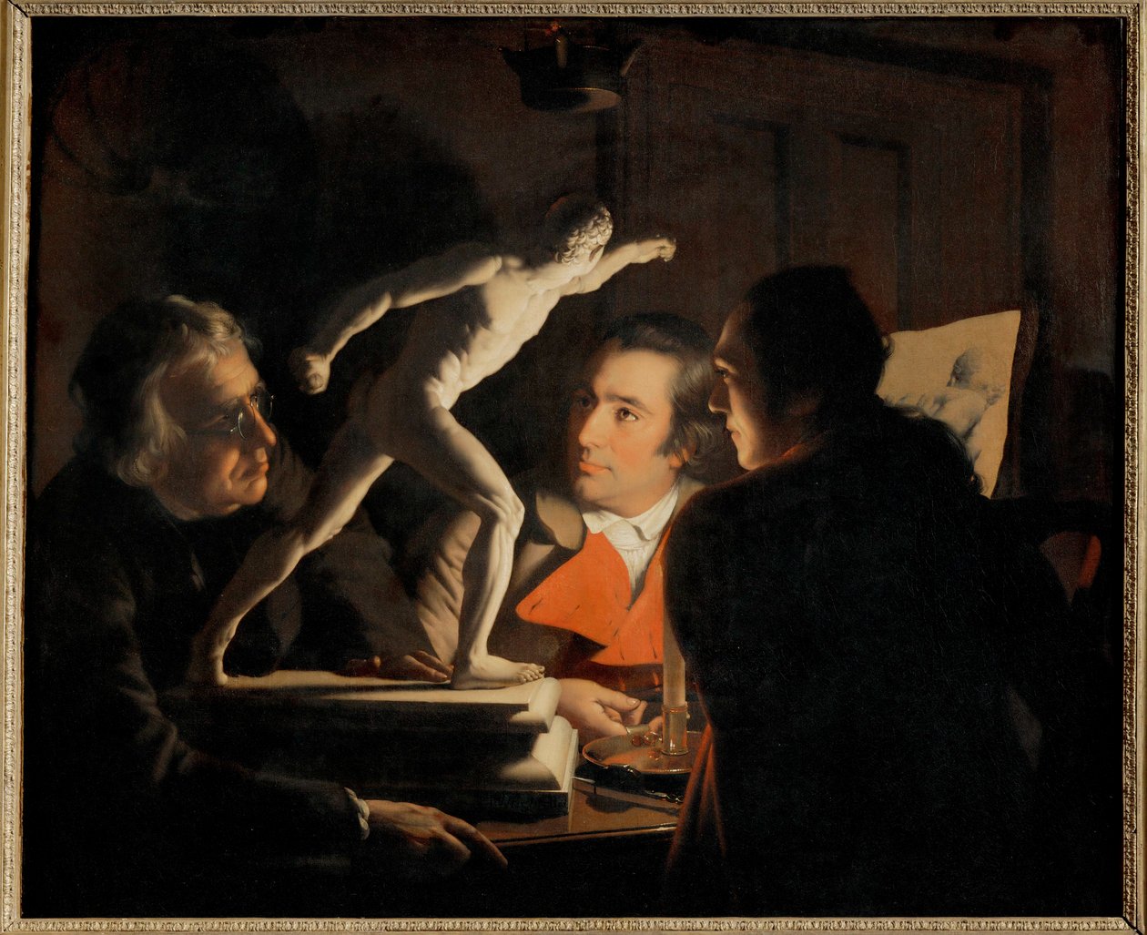 In the Light of a Candle, Three Men Study a Small by Joseph Wright of Derby