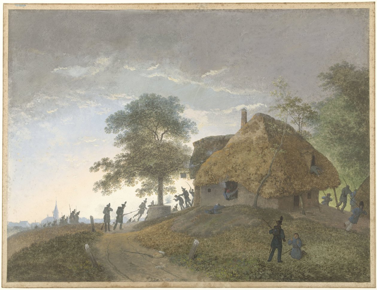Fight at an Inn or House with Thatched Roof on a Hill by Josephus Augustus Knip