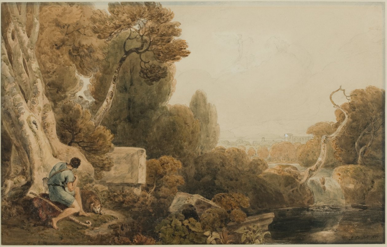 Classical Landscape of Dawn with Pastoral Figures and Aurora in Her Chariot by Joshua Cristall