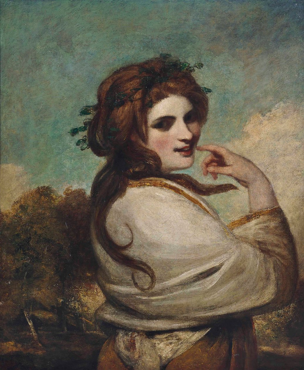 Portrait of Emma, Lady Hamilton, as a Bacchante, half-length, in a yellow dress and white shawl, in a landscape by Joshua Reynolds