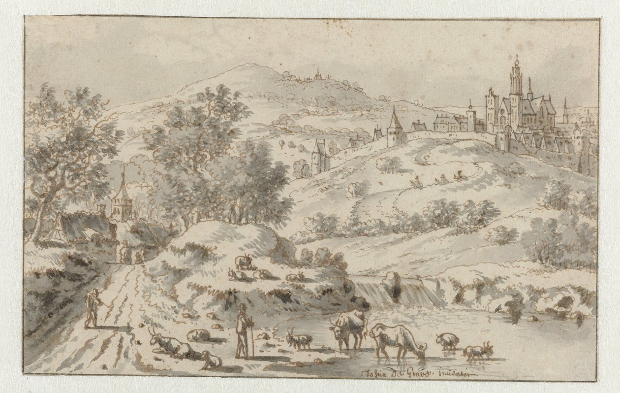 Mountainous Landscape with a Town on a Hill by Josua de Grave