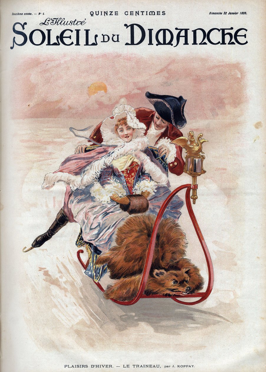 Winter fun: sleigh. An elegant couple in sledding and ice skating slides over the snow. According to J. Koppay. Engraving in Le sun-du-dimanche, January 22 by Joszi Arpad Koppay