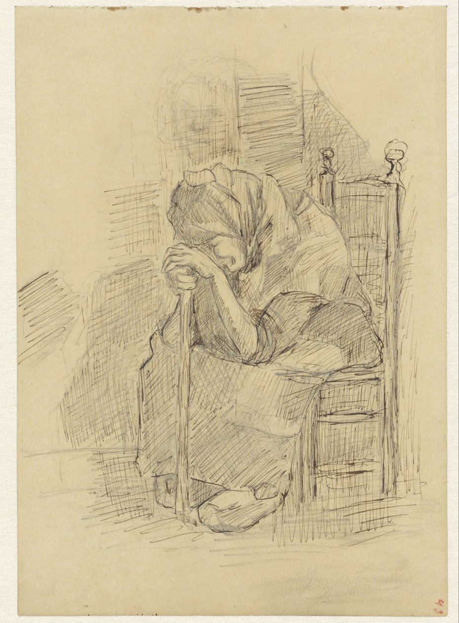 Seated Old Woman Leaning on a Stick by Jozef Israëls