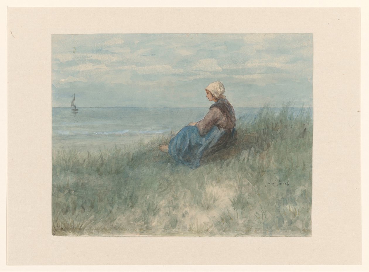 A Woman Sitting on a Dune Looking at the Sea by Jozef Israëls