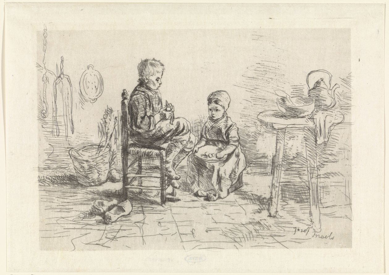 Kitchen Interior with Two Children by Jozef Israëls
