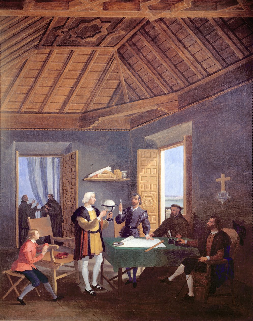 Christopher Columbus, accompanied by his son, Diego, explains his exploration plans to the prior of the Franciscan monastery of Santa Maria de la Rabida, the physician Garcia Fernandes and Alonso Pinz by Juan Cabral Bejarano