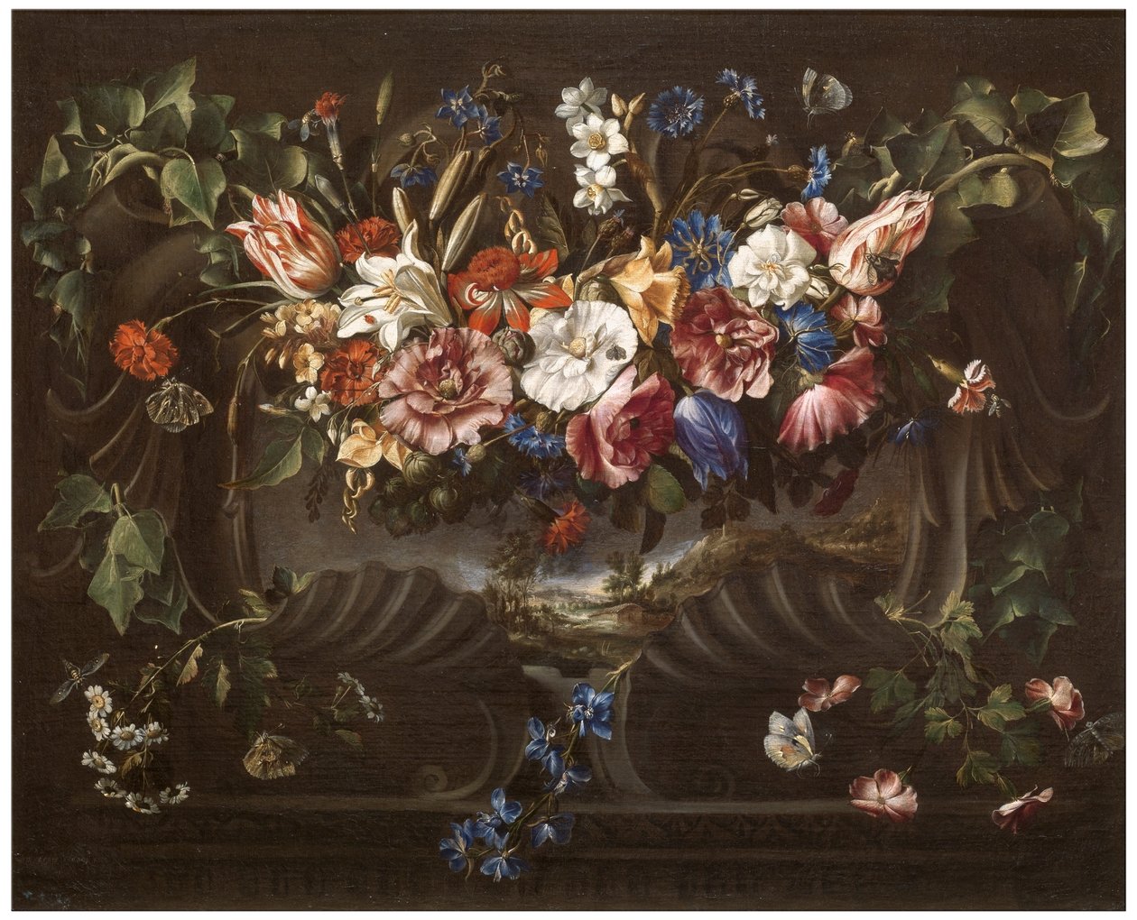 Garland of Flowers with a Landscape by Juan de Arellano