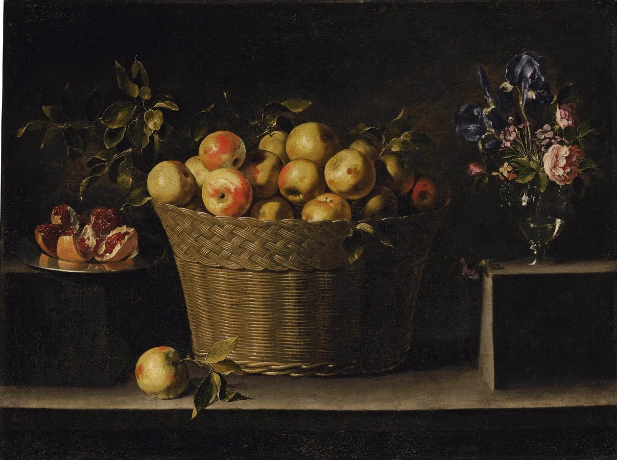 Apples in a wicker basket, an opened pomegranate on a silver plate and roses, irises and other flowers in a glass vase, on a stone ledge by Juan de Zurbaran