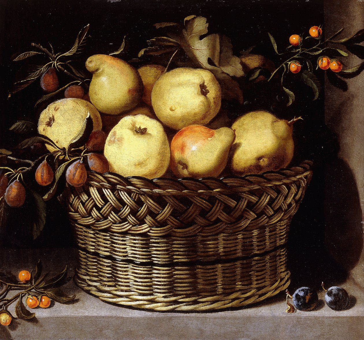 A Wicker Basket with Fruit on a Stone Ledge by Juan van der Hamen y Leon