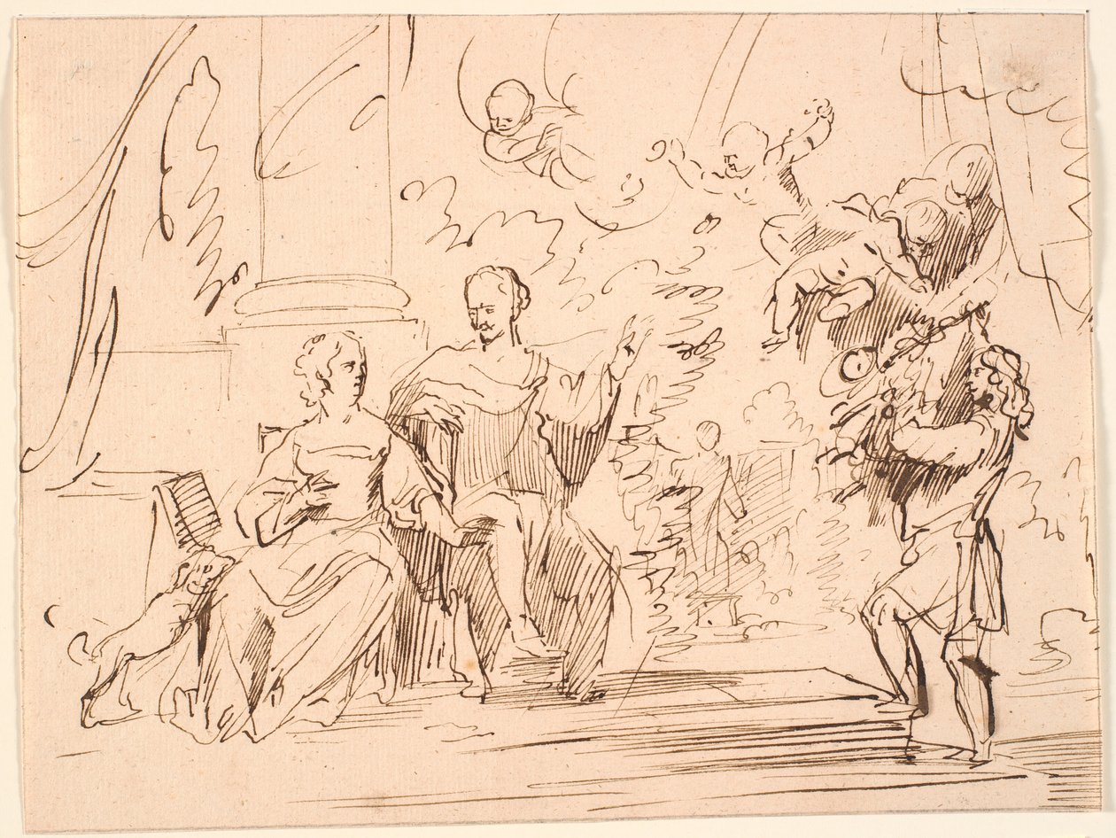 Gentleman and Lady Sitting on a Terrace; from the Right Approaches a Man and in the Air Four Genii Hover by Jürgen Ovens