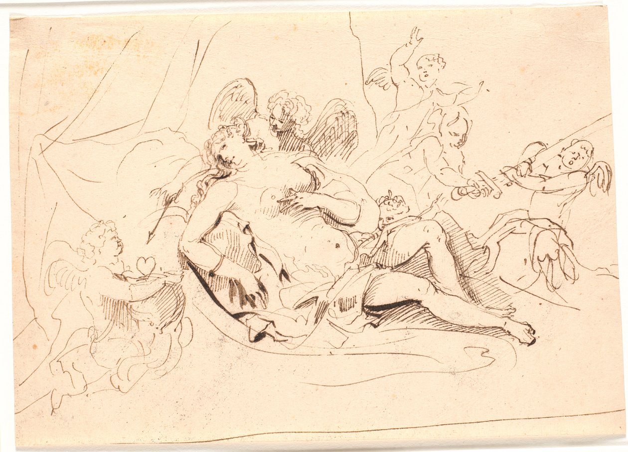 Resting Venus Figure, Surrounded by Six Putti Playing with Sword, Arrow, and Heart by Jürgen Ovens