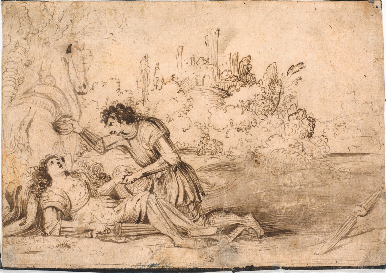 Kneeling Knight Tending to a Fallen Knight, Wounded in a Tournament; a Horse Seen from Behind to the Left, a Castle Ruin on a Hill in the Background by Jürgen Ovens
