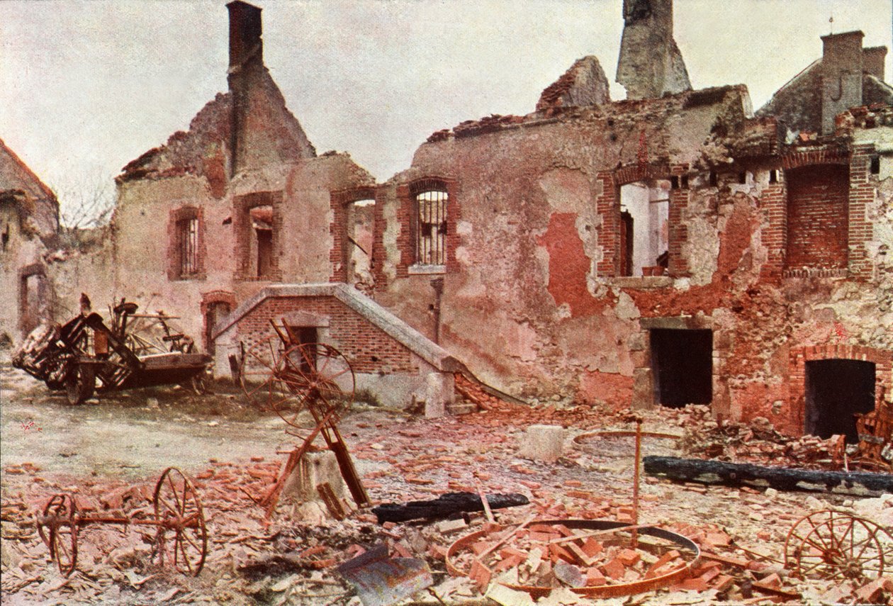 Destroyed buildings in a small town during the Battle of the Marne east of Paris, September 1914 by Jules Gervais Courtellemont