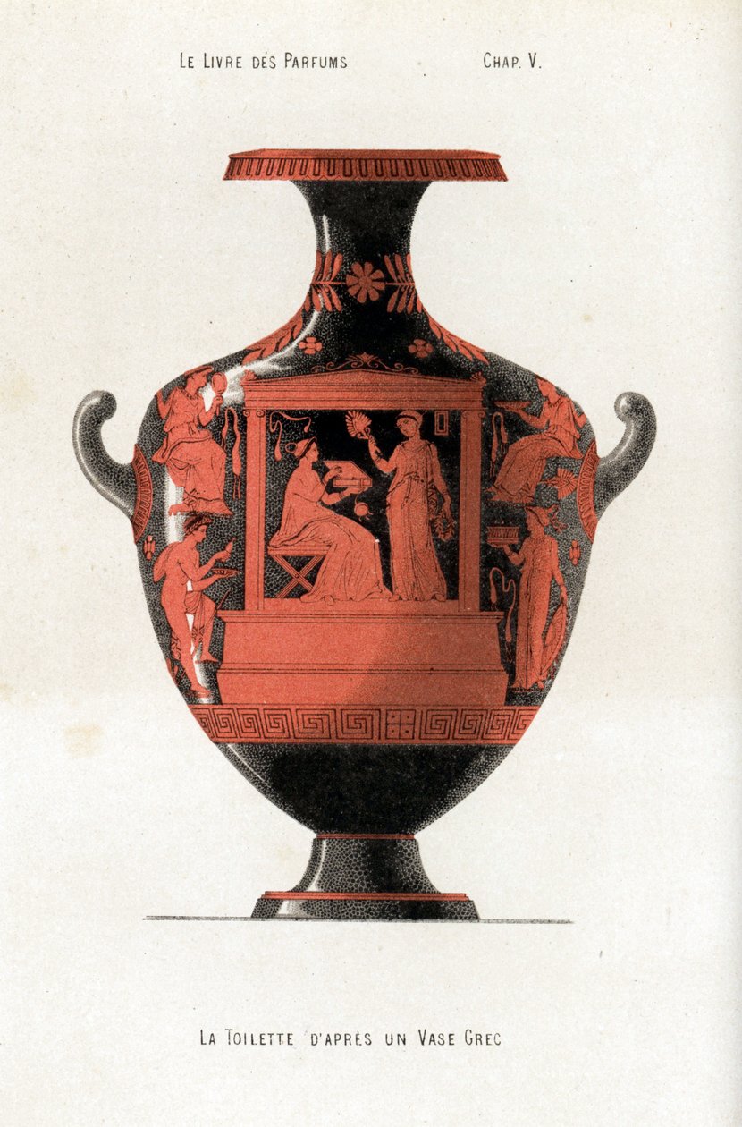 Greek Vase Decorating a Woman at Her Toilette Holding a Box of Cosmetics and Perfumes Assisted by a Slave Who Waves a Fan by Jules (after) Cheret