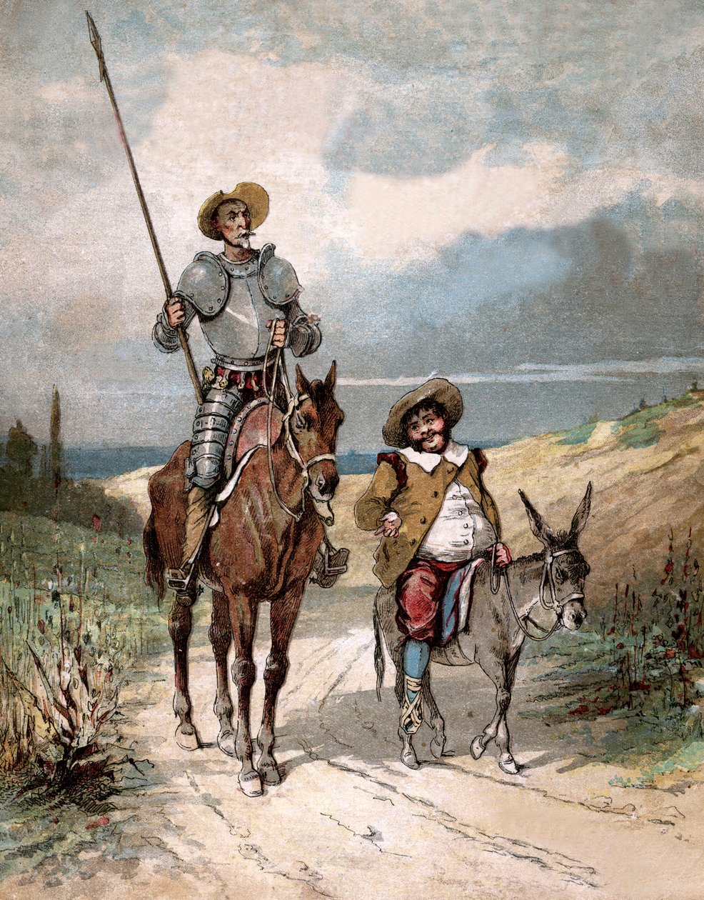 Don Quixote and Sancho Panza, illustration of book by Miguel de Cervantes "Histoire de Don Quichotte", engraving after Jules David by Jules (after) David