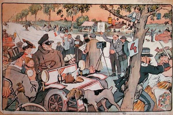 Caricature of M. Fournier setting off on the Paris-Berlin rally by Jules Abel Faivre