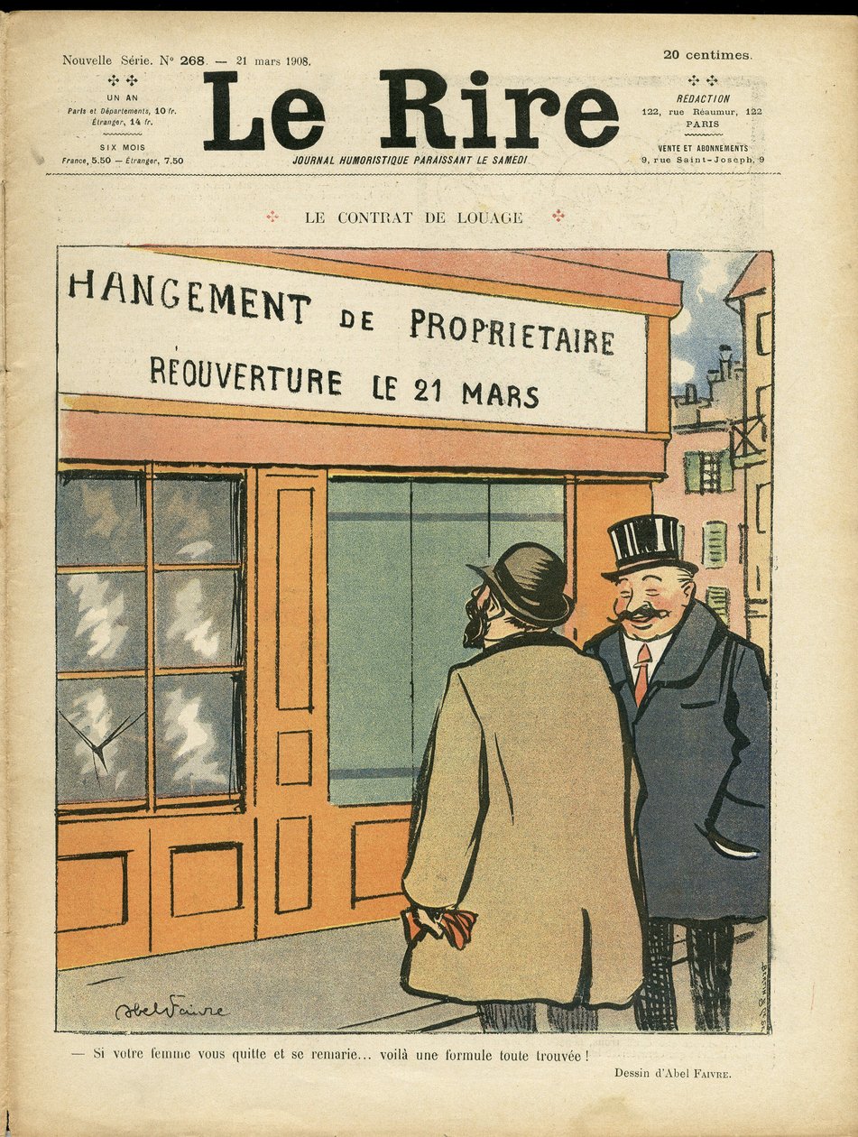 Illustration for the Cover of Le Rire, 21/03/08 - The Contract of Hire - Architecture Urban Planning, Wedding, Adultery, Shops by Jules Abel Faivre