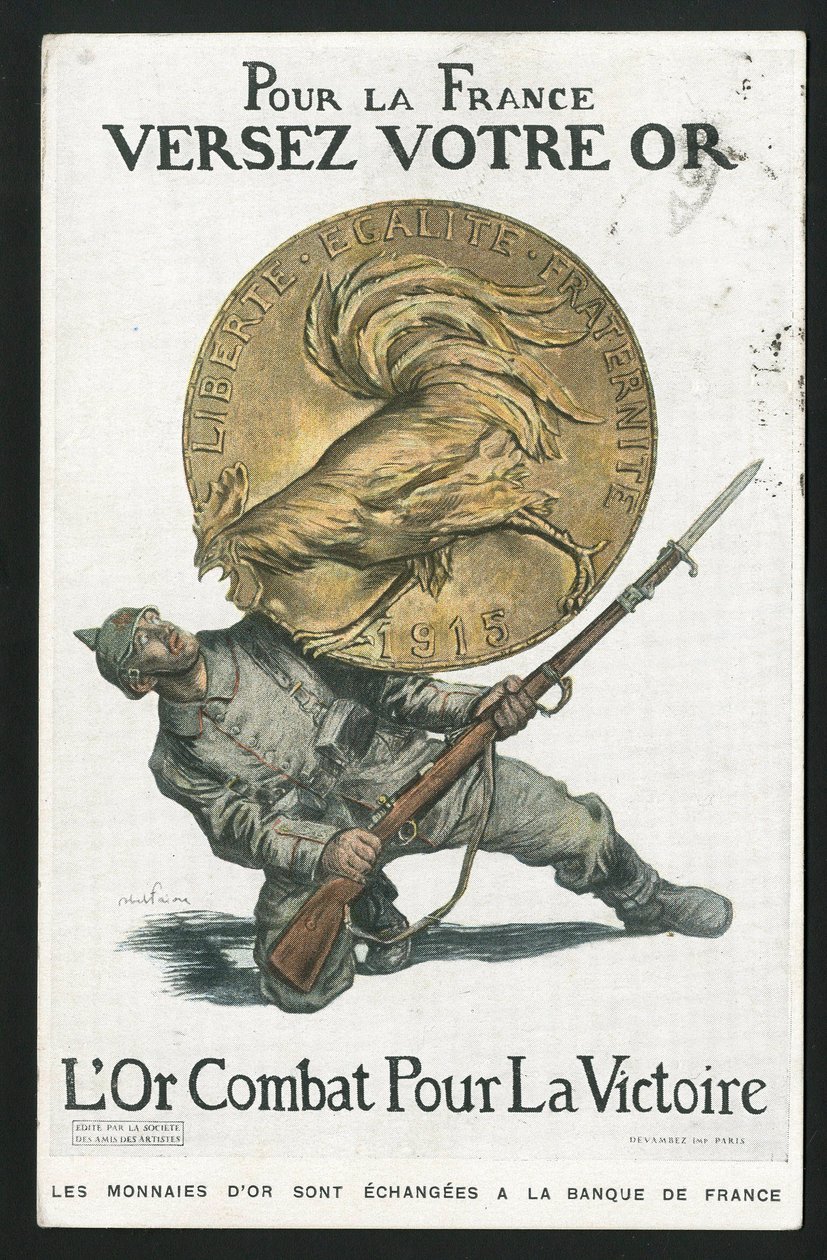 Postcard, Satirical in colors, circa 1915: For France, Pour your gold - War of 14-18, Germany Prussia, Silver, Belligerents and symbols, Victory, Borrowing, Patriotic days - Rooster - Illustration by Abel Faivre (1867-1945) by Jules Abel Faivre