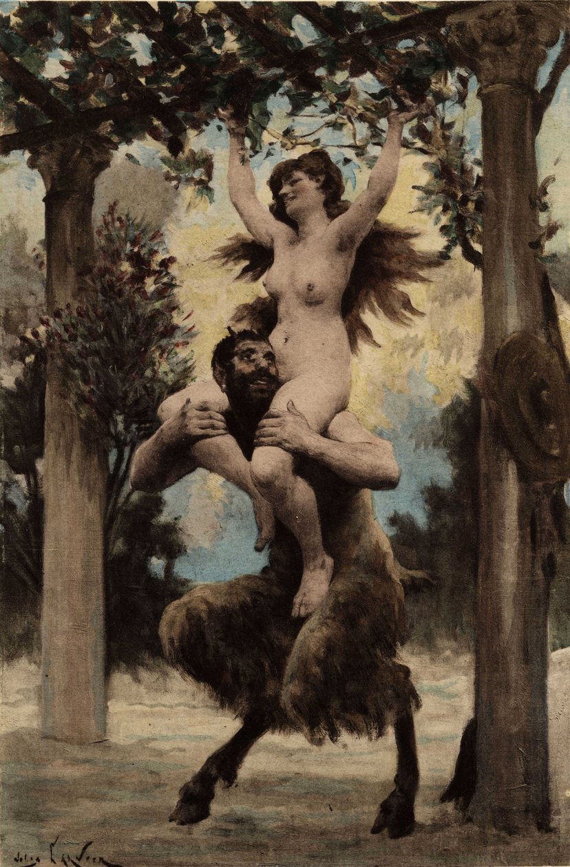 A Half-Man Half-Animal Creature Carrying a Naked Woman. Pantagruel. Illustration by Jules Garnier. In 