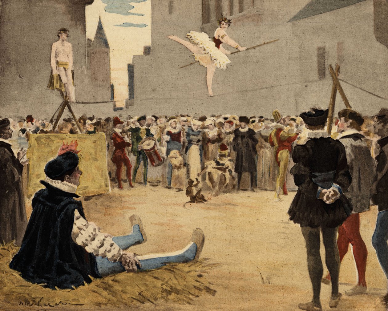 Musicians and Funambles Performing in the Street Under the Gaze of Gargantua, illustration by Jules Garnier by Jules Arsene Garnier