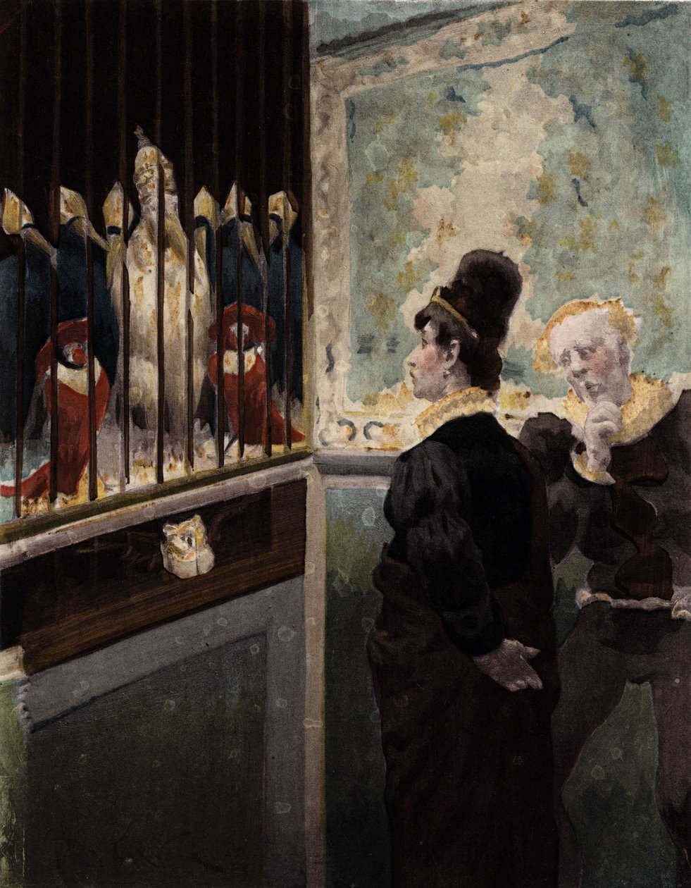 Panurge and Editue Observing the Papegaut, Two Cardingaux and Six Evegaux in a Cage. Pantagruel. Illustration by Jules Garnier. In 