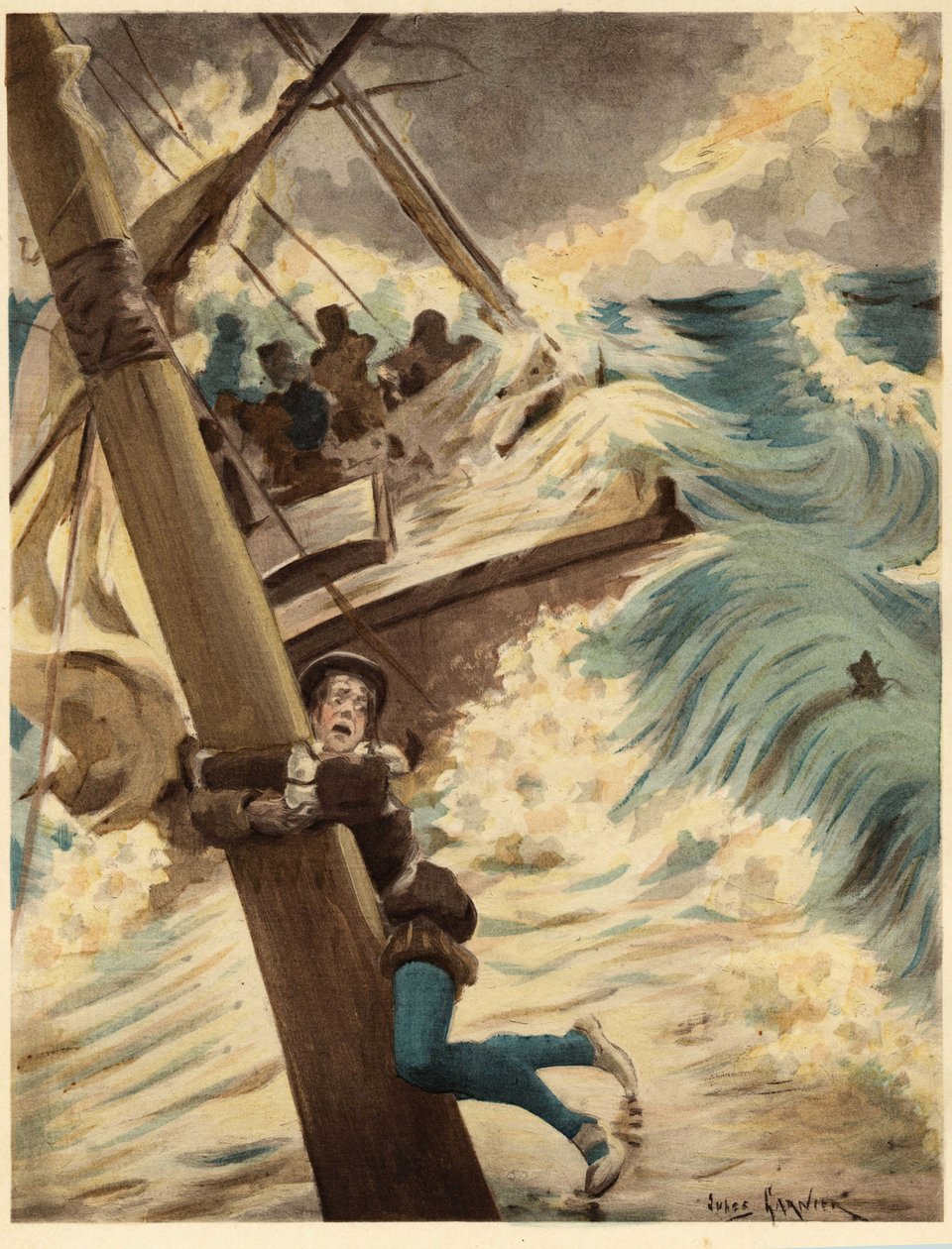 Panurge Hangs on the Mast of a Boat During a Sea Storm. Pantagruel. Illustration by Jules Garnier. In 