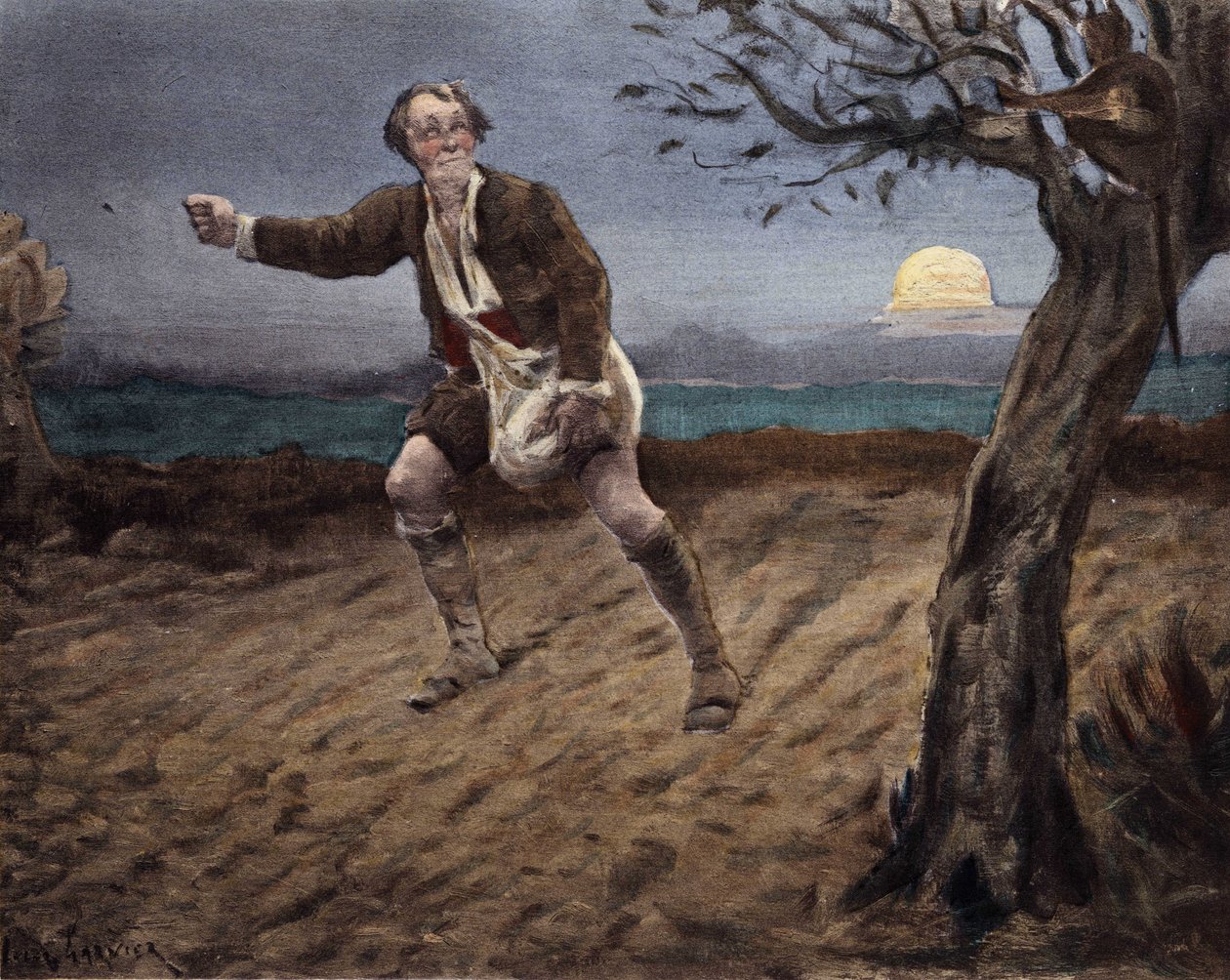 The Devil, Perched in a Tree, Talking to a Peasant Sowing Doggie. Pantagruel. Illustration by Jules Garnier. In 