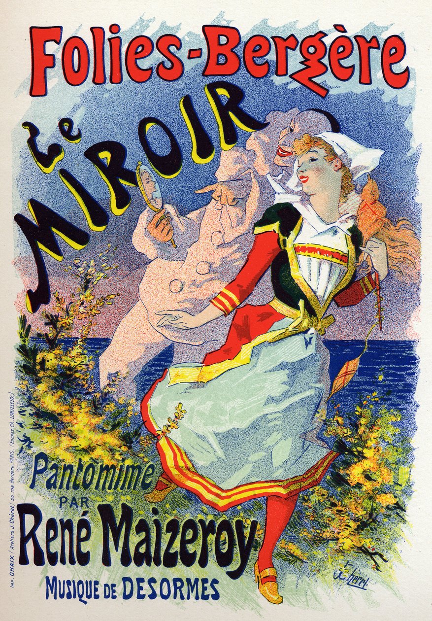 Art. Entertainment. The mirror, mime show at the cabaret Les Folies Bergeres, Paris. Poster by Jules Cheret, France, c.1890 by Jules Cheret