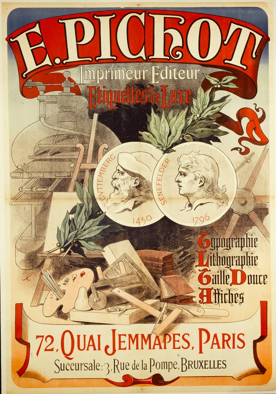 E.PICHOT/Printer Publisher/Luxury Labels/Typography/Lithography/Intaglio/ Posters/72, QUAI JEMMAPES, PARIS by Jules Cheret
