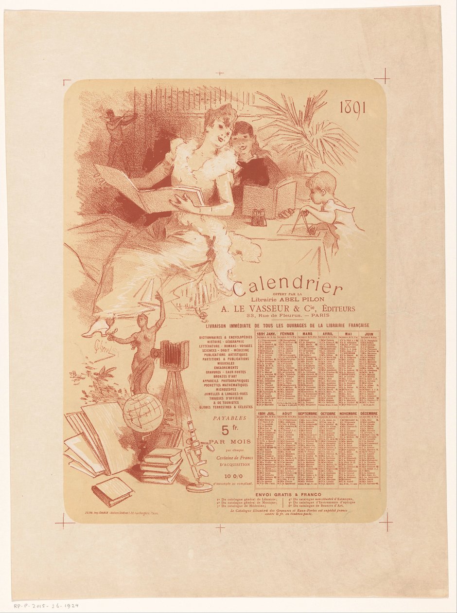 Calendar of Bookstore Abel Pilon and Publisher A. Le Vasseur & Cie for the Year 1891 by Jules Cheret