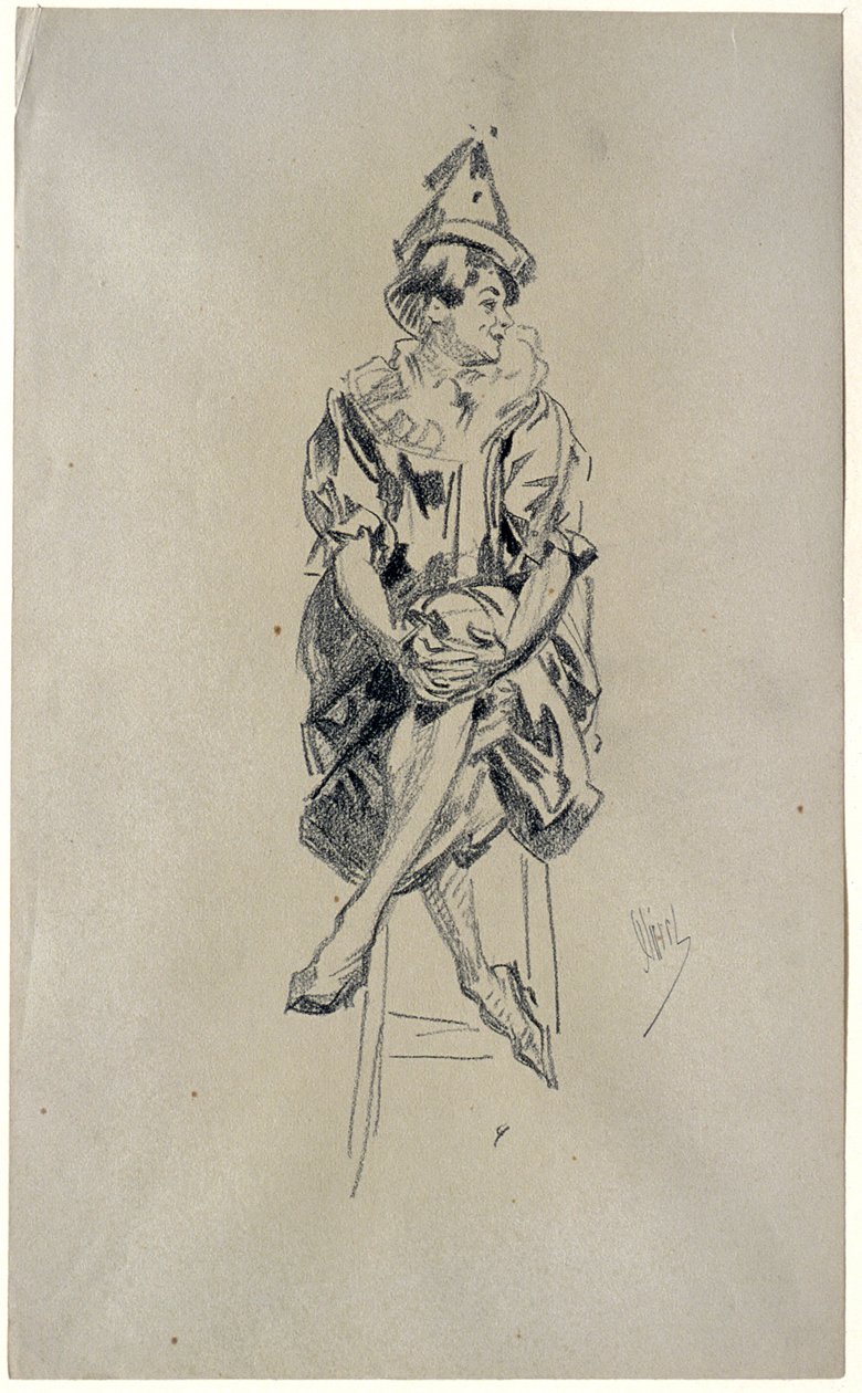 Seated Female Clown with Legs Crossed and Hands Clasped over Left Knee by Jules Cheret