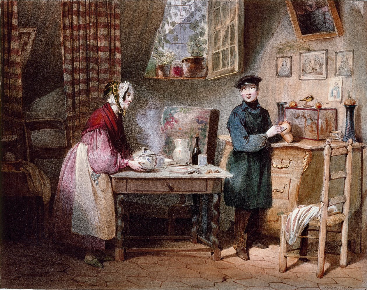 Economy. Young couple in a house: the woman puts a sip on the table and the man puts a coin in a piggy bank by Jules David