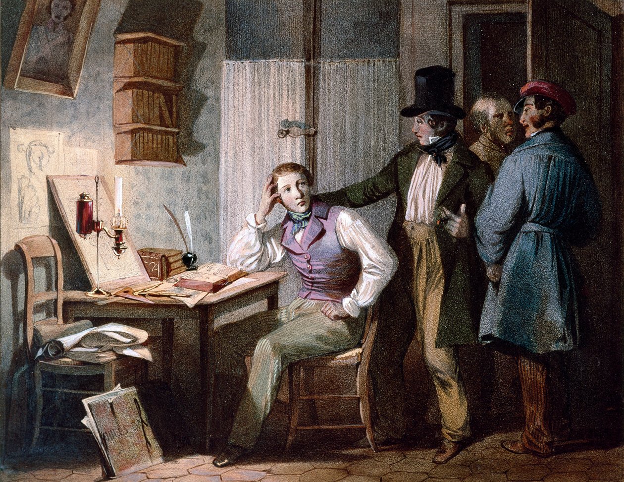 Study. A studious student at his office stays at work while his friends go out by Jules David