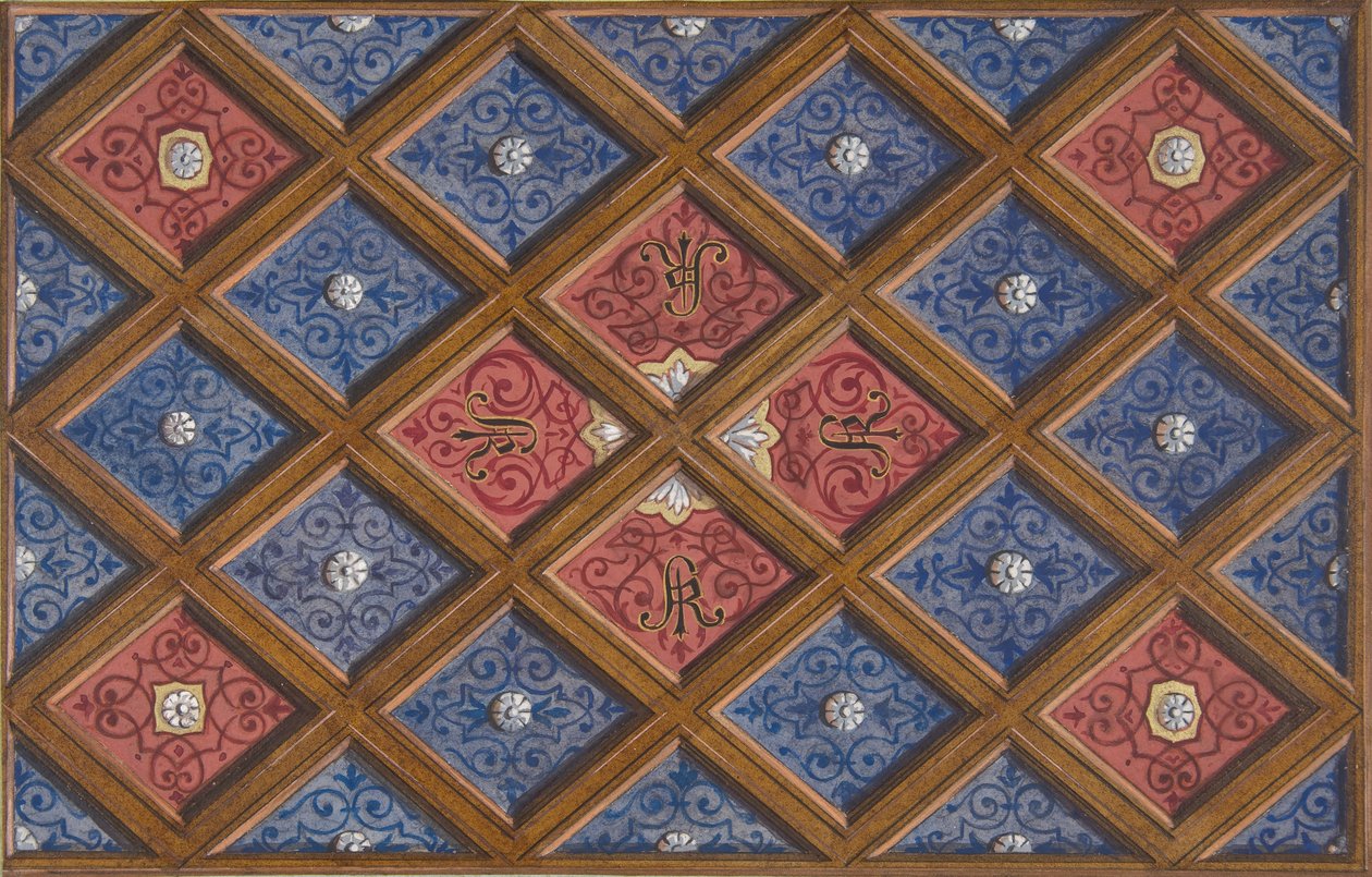 Design for a Coffered Ceiling with Painted Initials: SRI, 1840-97 by Jules Edmond Charles Lachaise and Eugène Pierre Gourdet