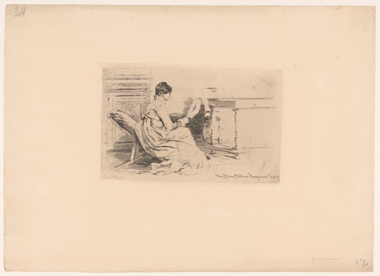 Woman with Fan in Low Chair by Jules Ferdinand Jacquemart (attributed to)