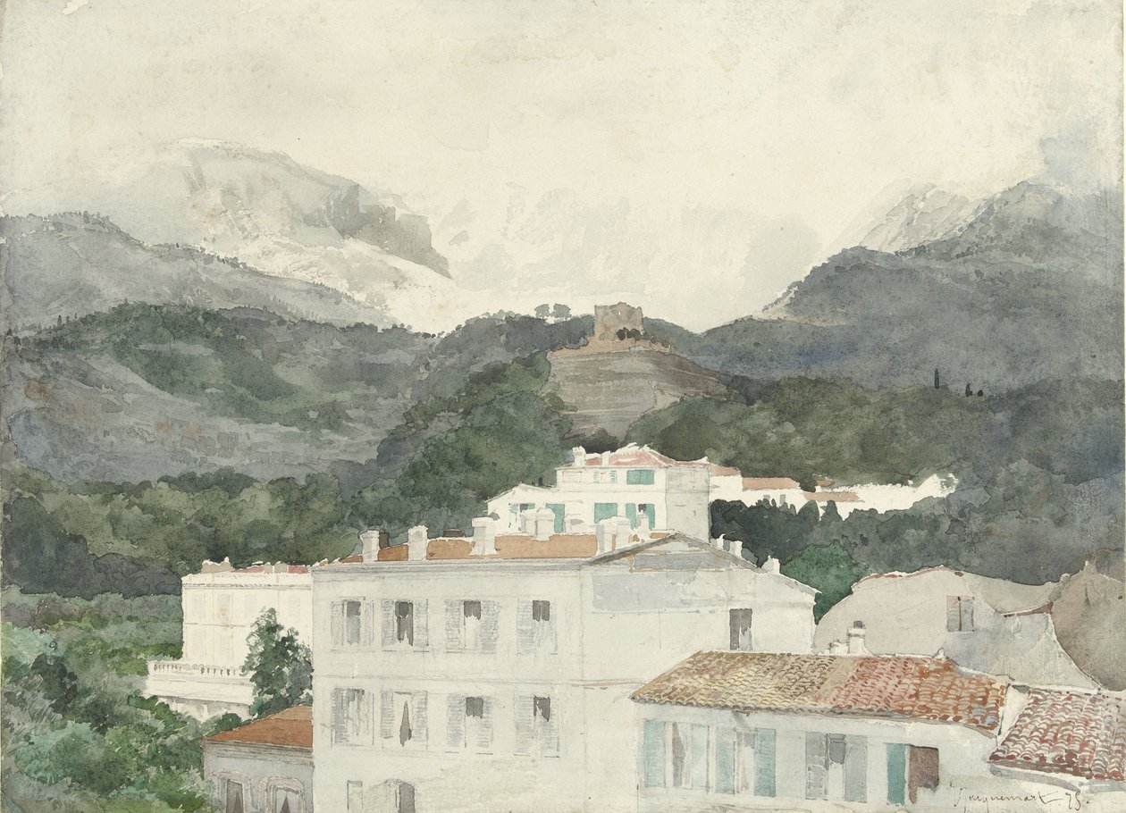 Country Houses at the Foot of the Mountains, High Mountains in the Distance, La Turbie by Jules Ferdinand Jacquemart