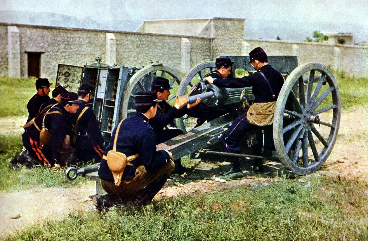 French Soldiers with a Mortar in Action during the Battle of the Marne East of Paris, September 1914 by Jules Gervais Courtellemont