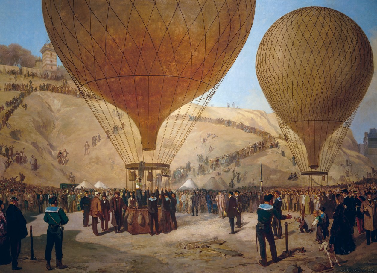 Leon Gambetta leaving on Armand-Barbes hot air balloon during siege of Paris, from Place Saint-Pierre to Montmartre on October 7 by Jules and Guiaud Jacques Didier