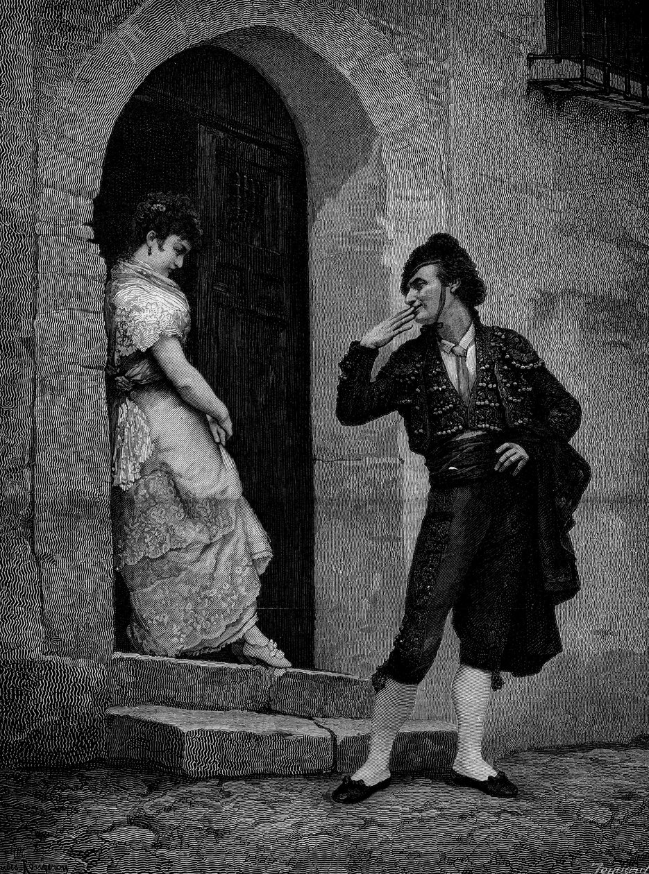 The start of the bullfighter for the race. 19th century. Engraving after the painting by Rougeron by Jules James Rougeron