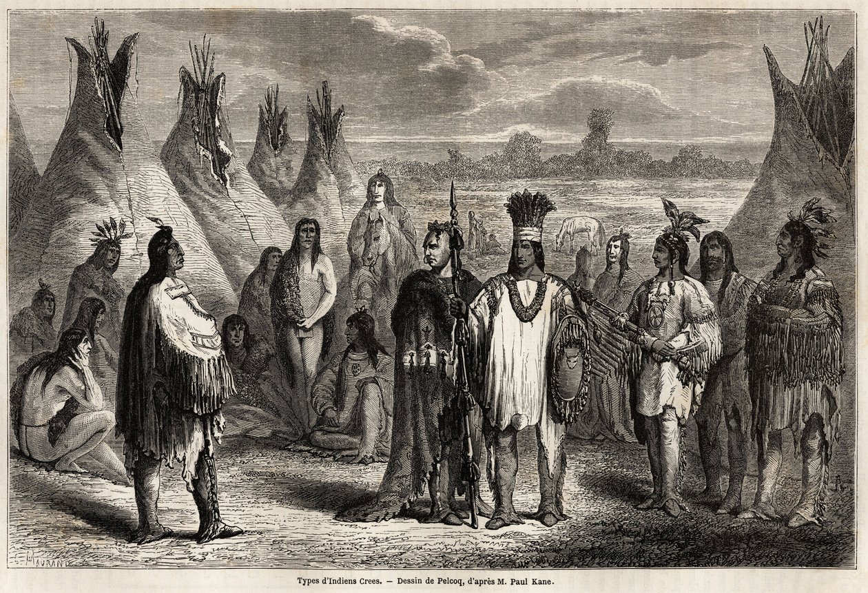 Types of Crees Indians of Canada, drawing by Pelcoq, to illustrate the exploration of the Rocky Mountains in 1857-59 by Captain John Palliser. Engraving in Le tour du monde, nouveau journal des voyages Paris by Jules Pelcoq