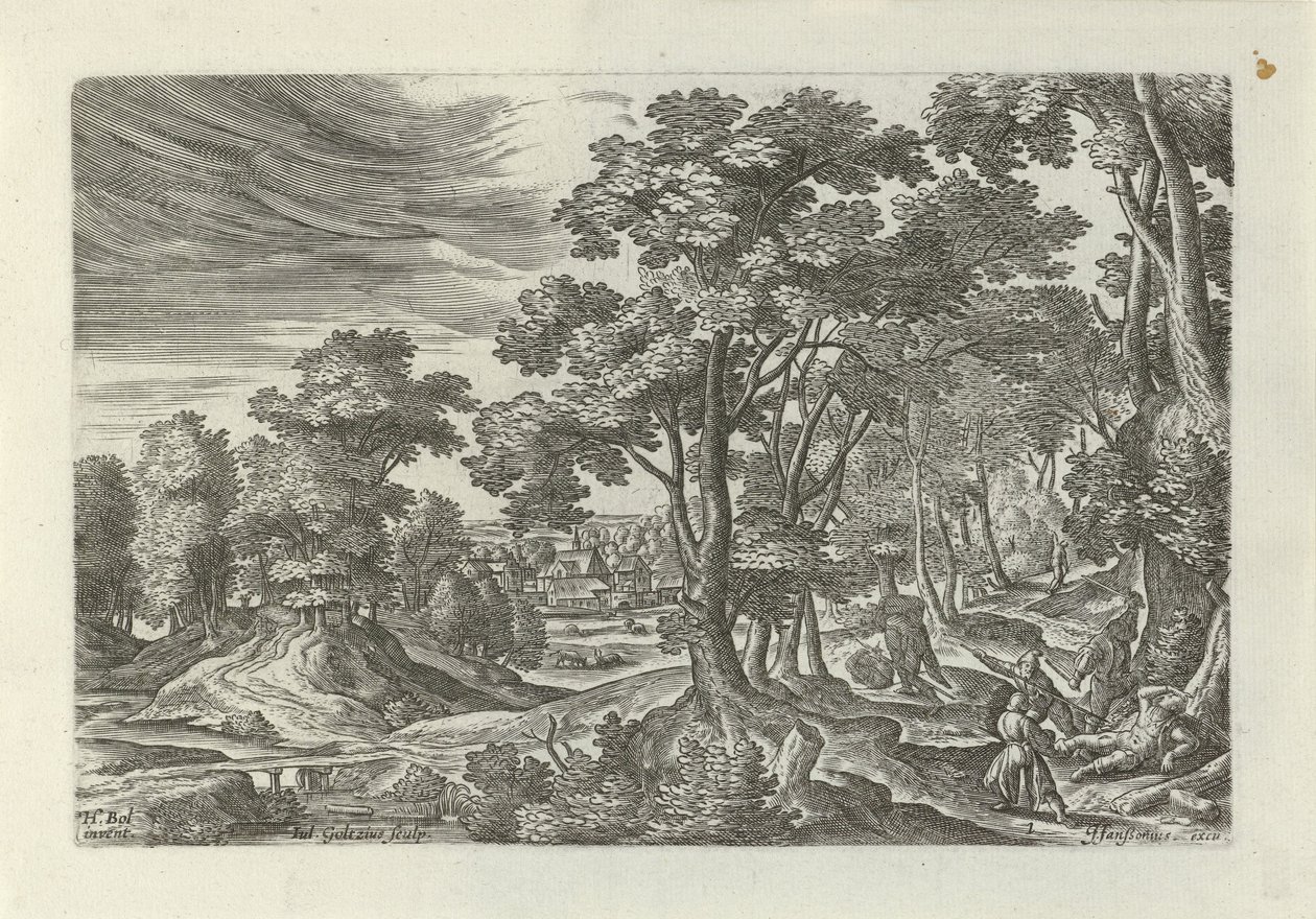 Landscape with Attack on the Traveler (Series: Landscapes with Scenes from the Parable of the Good Samaritan) by Julius Goltzius