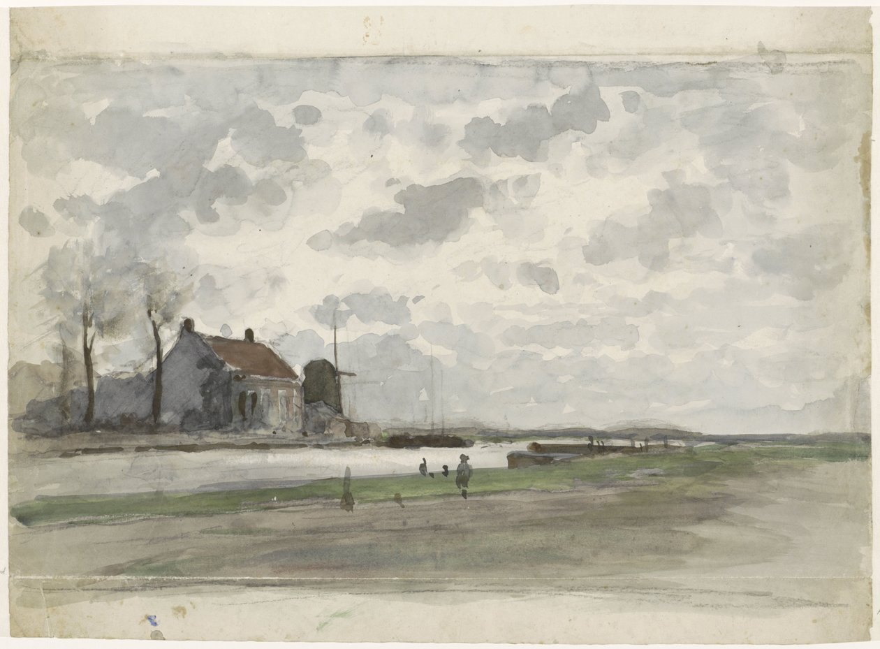 Canal with a Mill by Julius Jacobus van de Sande Bakhuyzen