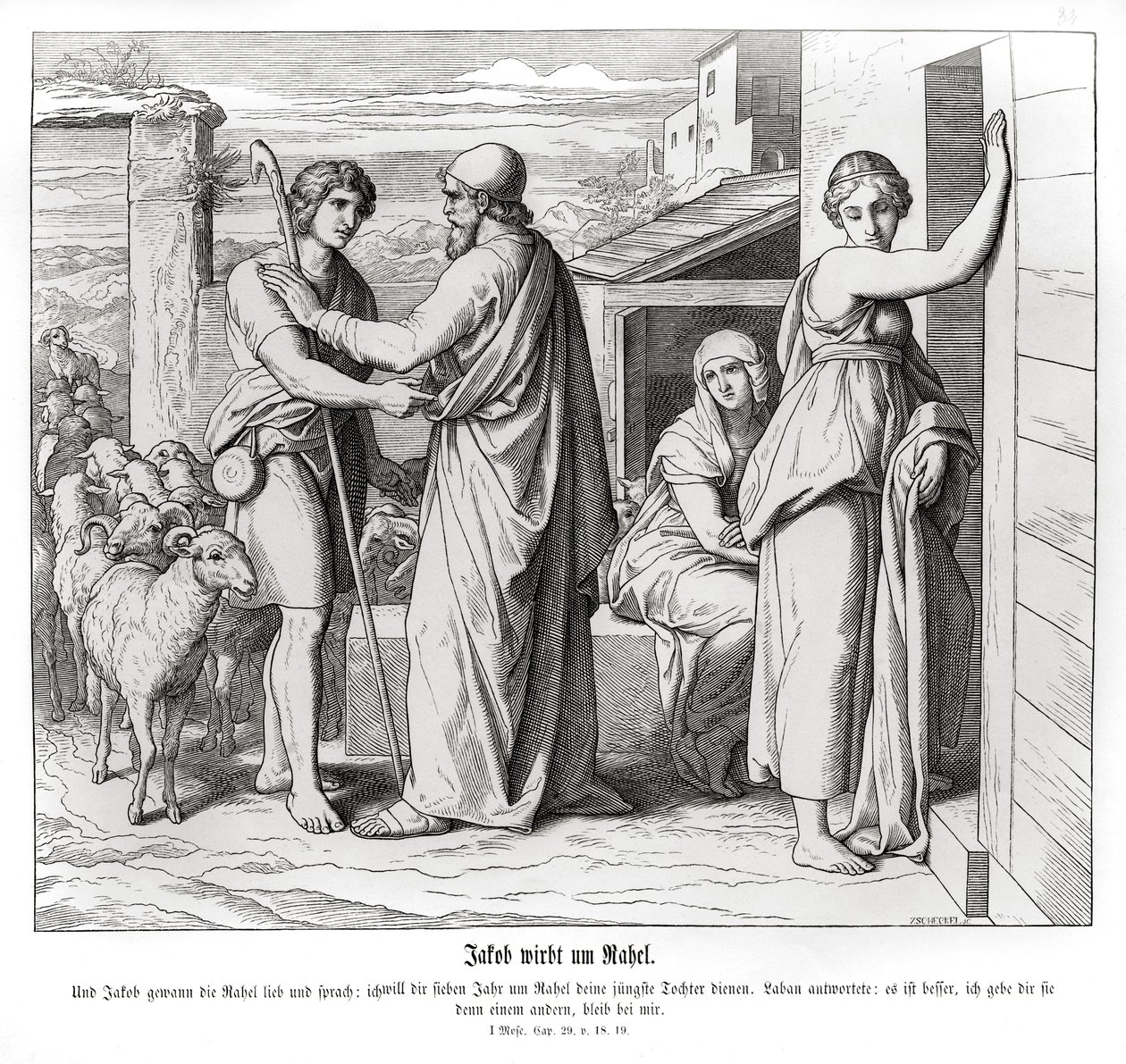 Jacob asks Laban for Rachel as his wife, Genesis by Julius Schnorr von Carolsfeld